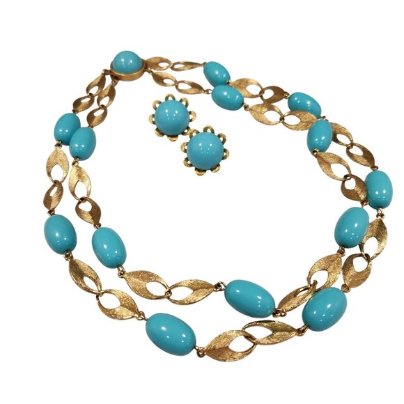 Vintage Gold-Tone & Turquoise Beaded Necklace With Matching Clip-On Earrings Set - Picture 2 of 16
